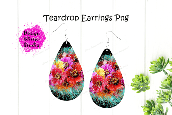 Watercolor Floral Teardrop Earrings PNG